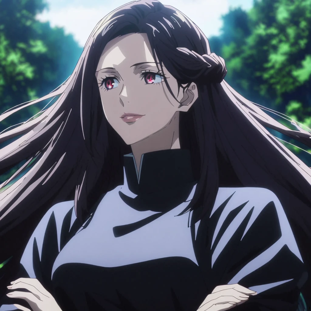 1girl, anime screencap from jujutsu kaisen, solo, very long_hair, ((smooth texture hair)) purple eyes, ((long hair, black hair, french braid, red_eye)), breasts, upper_body, smile, forest background, red_eyes, lips, ((long black hair, elegant hairstyle, french braid ,red_eye)) wearing black color clothes, breast, "very detailed and high resolution" (red eyes) ((cross arms)) ((smooth texture hair)) ((solo)) ((high resolution)) (Good quality)