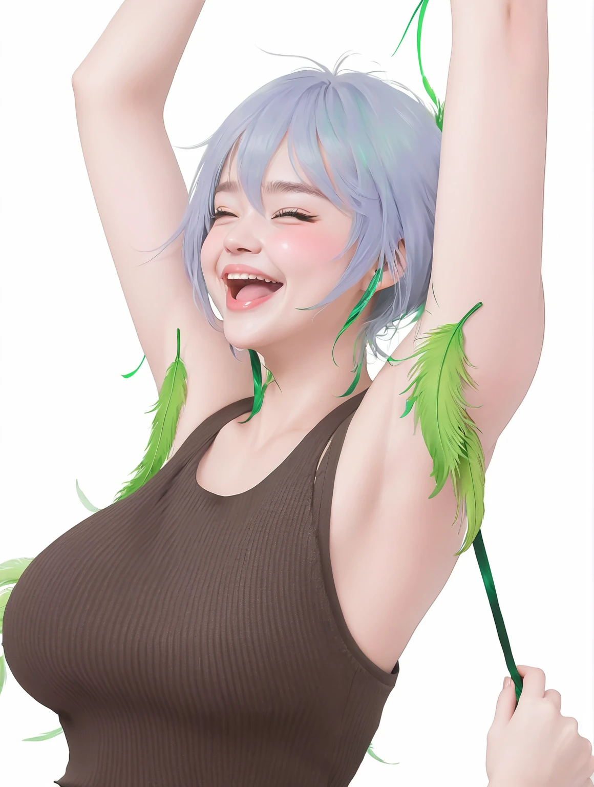 an extremely delicate and beautiful girls with her arms up,(laughing:1.4),(big mouth:1.1),open mouth,happy,(frown:1.3),(pain face),crazy smile,blush,sweat,(green feathers),(her armpits tickling with green feathers),Green feathers stuck into the girl's armpits,((trembling)),tears,drooling,(((masterpiece))), (((best quality))), (official art), ((extremely detailed CG unity 8k wallpaper)), (Best character details), ((ultra-detailed)), (illustration), (dynamic angle),