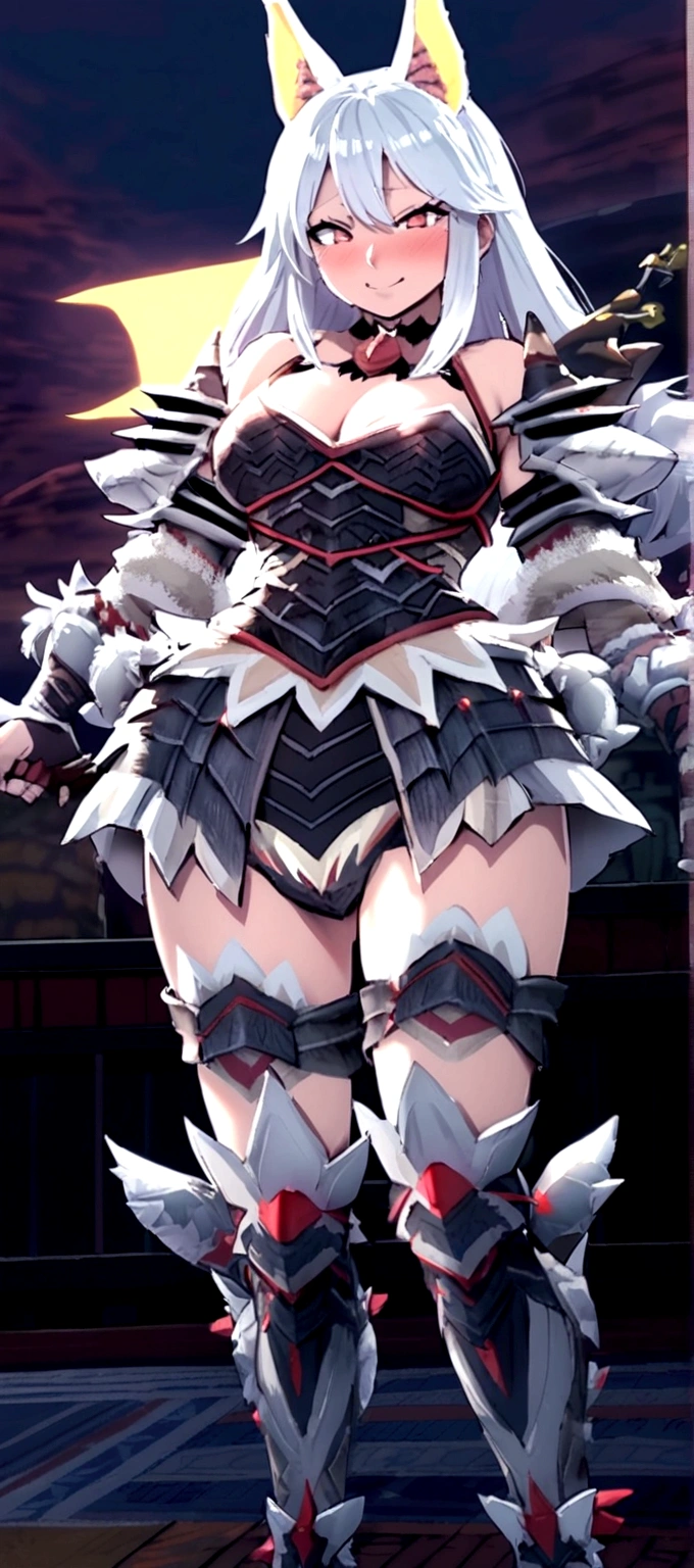 ((monsterhunter)), looking the viewer, solo, girl, shy, red cheek, bashful, embarrassed, smiling, happy, perfect face, muscular,  long hair, beautiful eye, upper body
