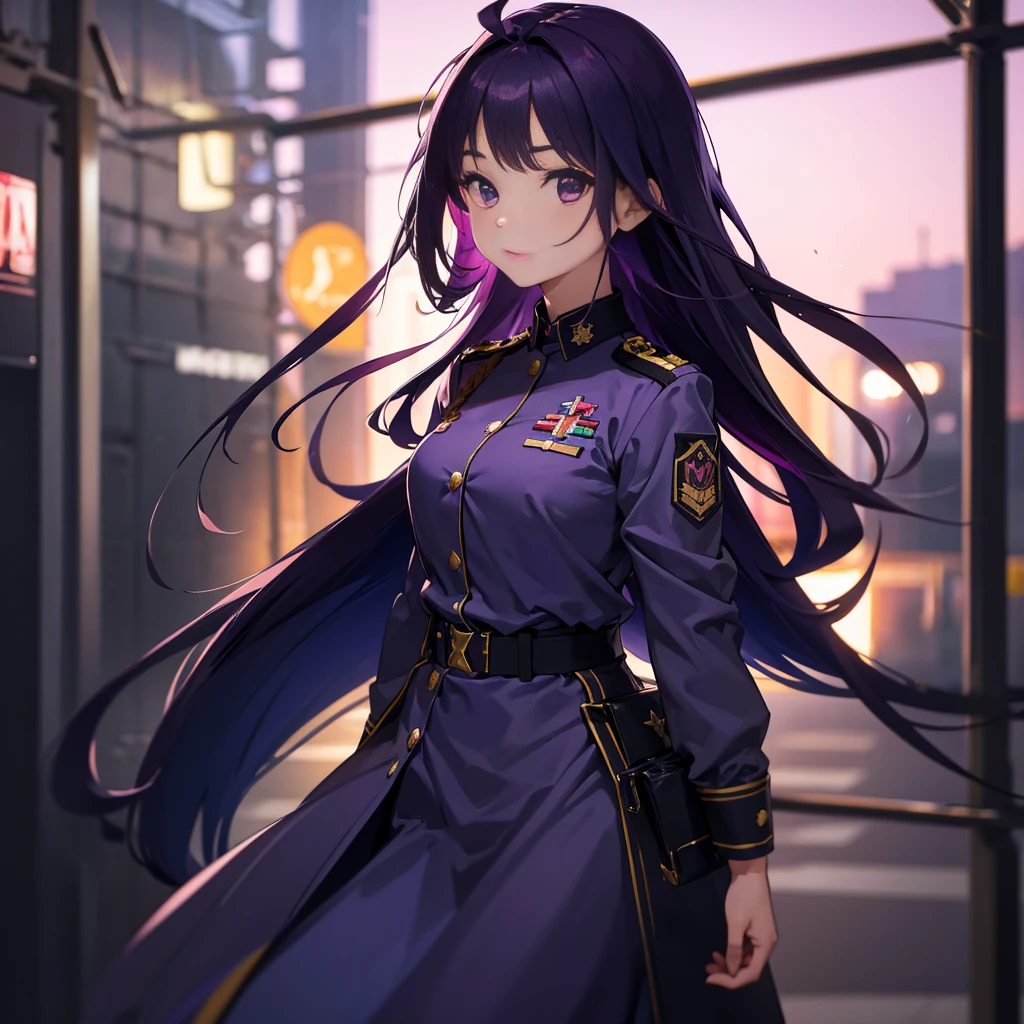 Best picture quality, 8K, high quality, masterpiece:1.2), ((masterpiece)), (great detail, high quality, best picture quality), bokeh, DOF, Portrait, open stance, purple hair long hair, in a black, round face, in a military uniform, standing in the military base with pink theme