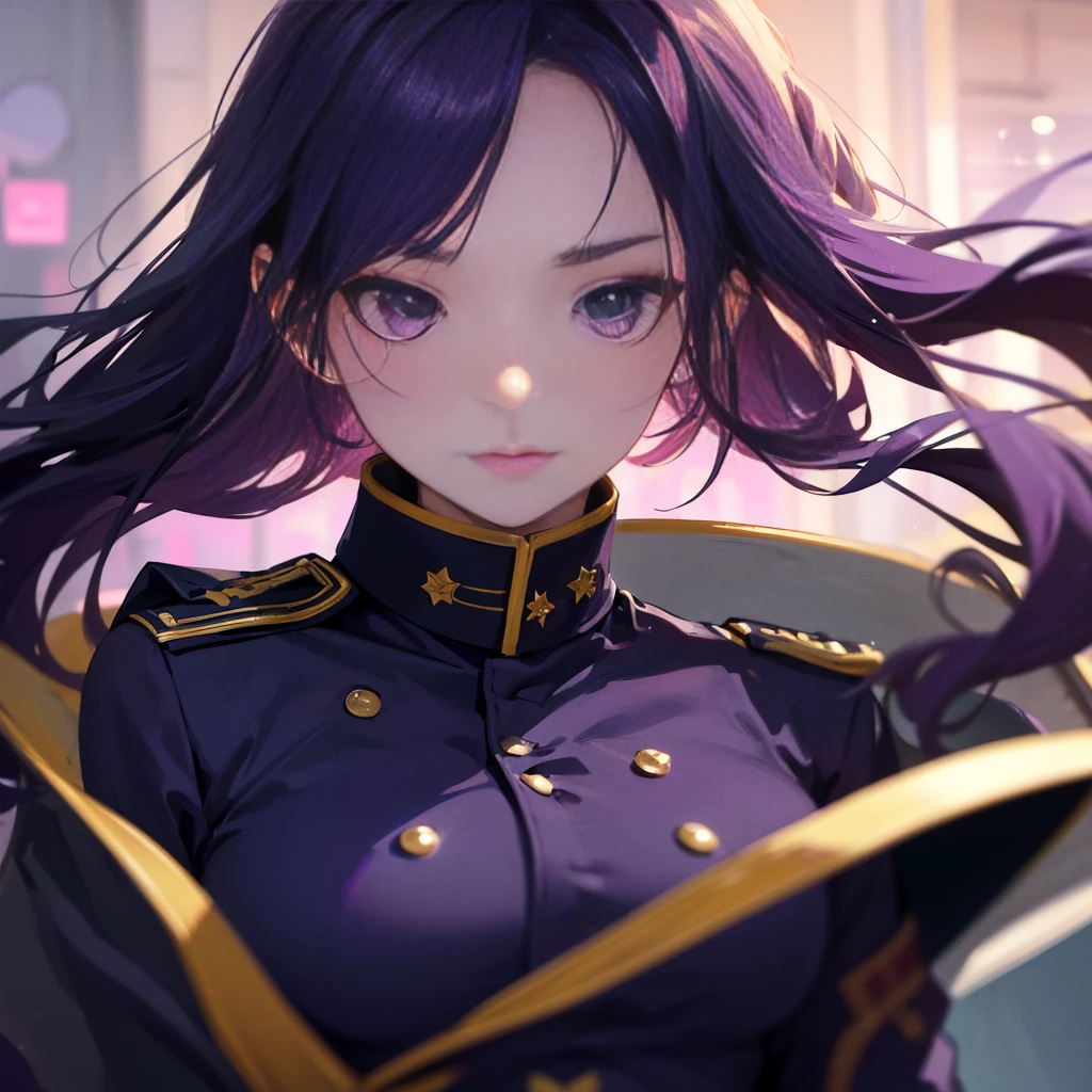 Best picture quality, 8K, high quality, masterpiece:1.2), ((masterpiece)), (great detail, high quality, best picture quality), bokeh, DOF, Portrait, open stance, purple hair long hair, in a black, round face, in a military uniform, standing in the military base with pink theme