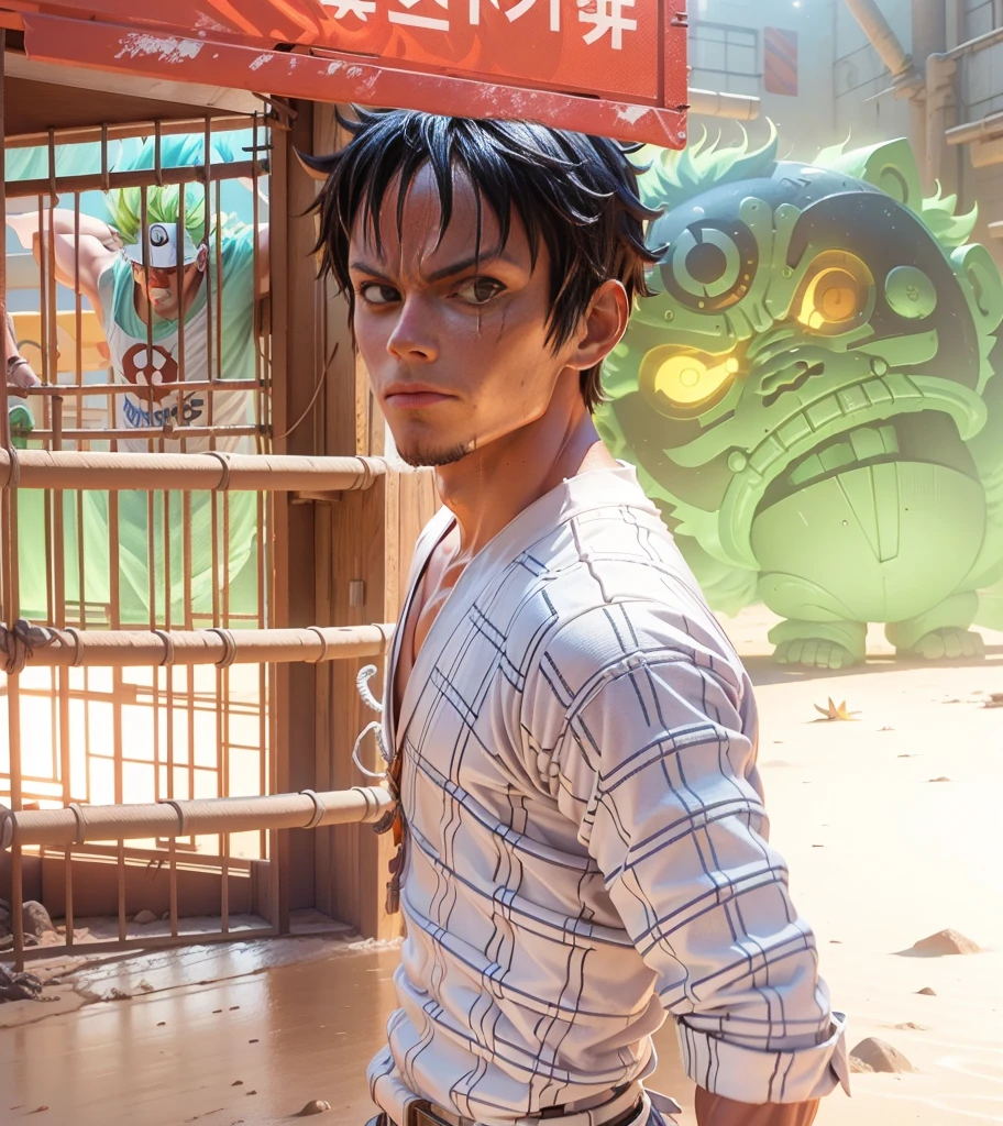 3D illustration(((Detailed))), Japanese anime「one piece」the protagonist of, Monkey D. Luffy, Armed with the latest protective gear, Beach sandals on your feet(((must)))The outline glows like a neon light, Running through a collapsing research facility in the dark, A dynamic appearance