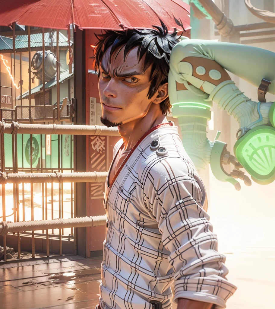 3D illustration(((Detailed))), Japanese anime「one piece」the protagonist of, Monkey D. Luffy, Armed with the latest protective gear, Beach sandals on your feet(((must)))The outline glows like a neon light, Running through a collapsing research facility in the dark, A dynamic appearance