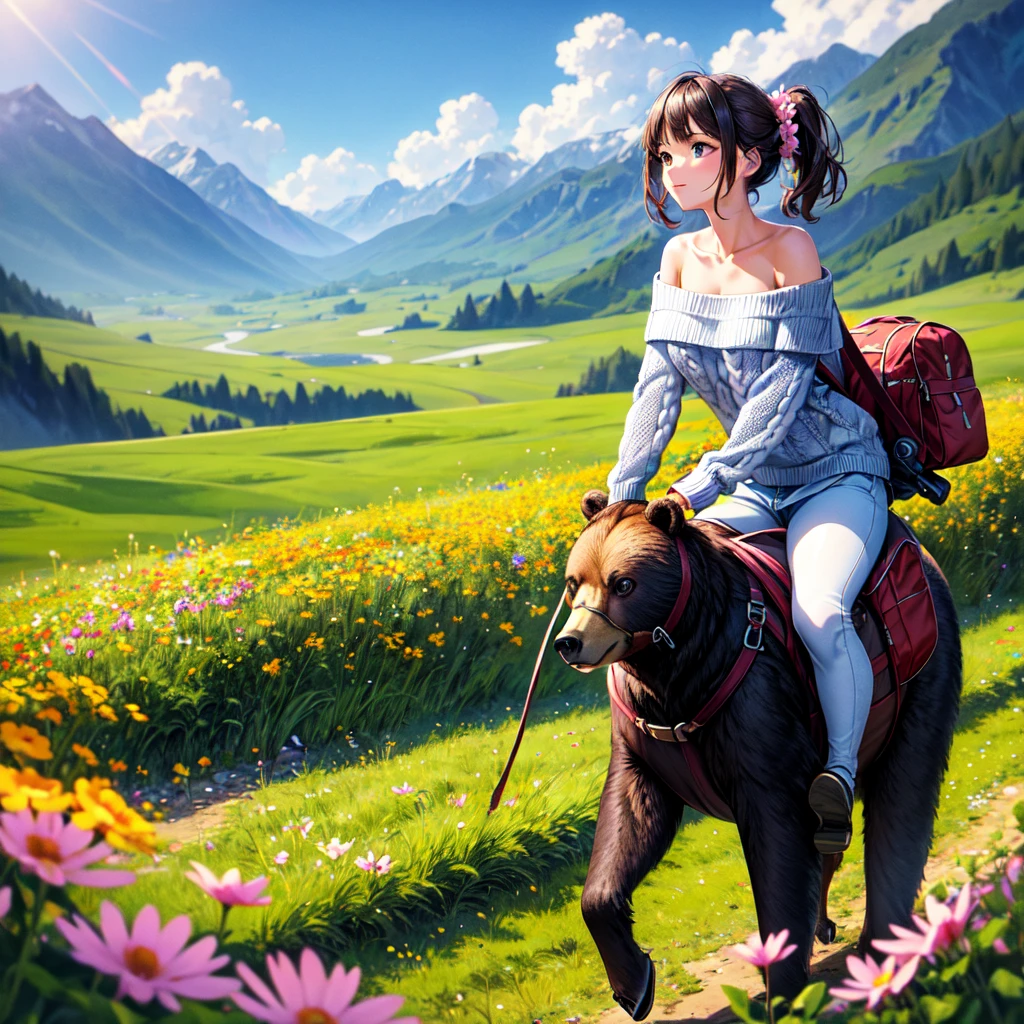 ((best quality)), ((masterpiece)), (detailed), 1girl, off-shoulder sweater, a riding bear in heavy armor and a saddle loaded with hiking bags walks through a flower meadow over which butterflies flutter against the backdrop of high mountains,