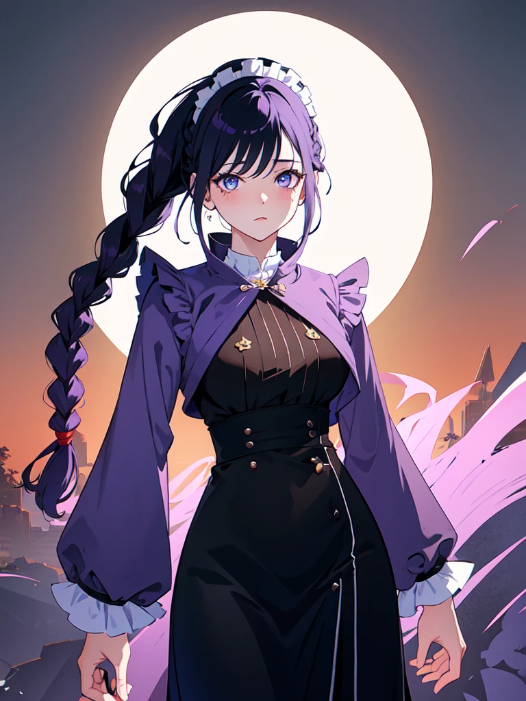 The background is a city at dusk, Dressed in maid uniform ,　Mature face,tall, Wearing black tights,Blue Eyes,Updo, Braided Hair,　 The skin is hidden　and gradient hair, (Ink blotches:1.1), (pale:1.2),(Light purple:1.2),(Red/Black:1.2), I was wearing long pants,cool,Dressed in a black robe, Toned body, one big woman, Nervous,Cowboy Shot, sketch (Character design sheet, same characters, whole body, Three-View, front, ~ ~ ~ side, return),(Very bright:1.1), White Background, [1 Girl:7], (Tilt your head:1.2), ([sketch|watercolor \(Moderate\)]:1.15),Chaotic Abstract Background, Vector Trace, Gradient Blending, Bright colors, that&#39;wonderful, Very detailed, Complex, (Very low contrast:1.4）