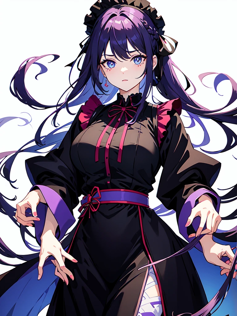 The background is a city at dusk, Dressed in maid uniform ,　Mature face,tall, Wearing black tights,Blue Eyes,Updo, Braided Hair,　 The skin is hidden　and gradient hair, (Ink blotches:1.1), (pale:1.2),(Light purple:1.2),(Red/Black:1.2), I was wearing long pants,cool,Dressed in a black robe, Toned body, one big woman, Nervous,Cowboy Shot, sketch (Character design sheet, same characters, whole body, Three-View, front, ~ ~ ~ side, return),(Very bright:1.1), White Background, [1 Girl:7], (Tilt your head:1.2), ([sketch|watercolor \(Moderate\)]:1.15),Chaotic Abstract Background, Vector Trace, Gradient Blending, Bright colors, that&#39;wonderful, Very detailed, Complex, (Very low contrast:1.4）