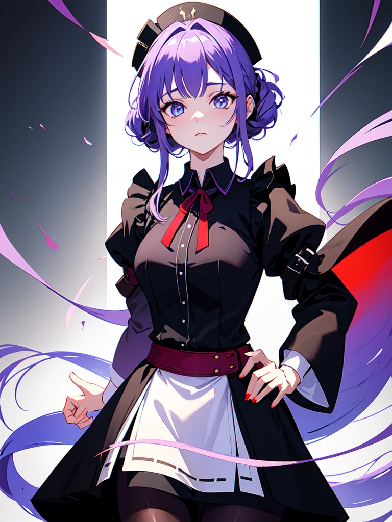 The background is a city at dusk, Dressed in maid uniform ,　Mature face,tall, Wearing black tights,Blue Eyes,Updo, Braided Hair,　 The skin is hidden　and gradient hair, (Ink blotches:1.1), (pale:1.2),(Light purple:1.2),(Red/Black:1.2), I was wearing long pants,cool,Dressed in a black robe, Toned body, one big woman, Nervous,Cowboy Shot, sketch (Character design sheet, same characters, whole body, Three-View, front, ~ ~ ~ side, return),(Very bright:1.1), White Background, [1 Girl:7], (Tilt your head:1.2), ([sketch|watercolor \(Moderate\)]:1.15),Chaotic Abstract Background, Vector Trace, Gradient Blending, Bright colors, that&#39;wonderful, Very detailed, Complex, (Very low contrast:1.4）