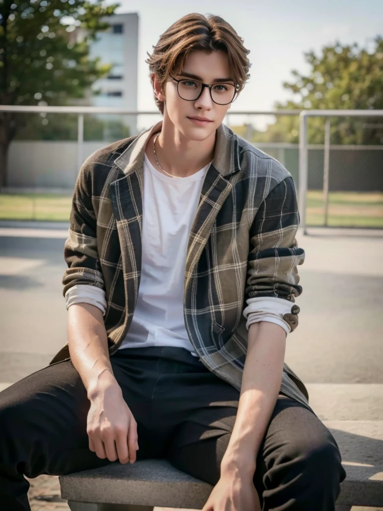 1 teenage boy, detailed eyes, curly brown hair, pale smooth skin, sitting outdoors, black skinny jeans, plaid shirt outerwear, t-shirt, looks like model, (best quality,4k,8k,highres,masterpiece:1.2),ultra-detailed,(realistic,photorealistic,photo-realistic:1.37),hyperrealistic, cinematic lighting, professional photography, natural setting, warm color tones, pale skin ultra realistic soft smooth skin, soft smile, wearing glasses, skater boy vibe, sitting at skatepark, handsome man, very handsome face, white boy with handsome face, hair to shoulder 
