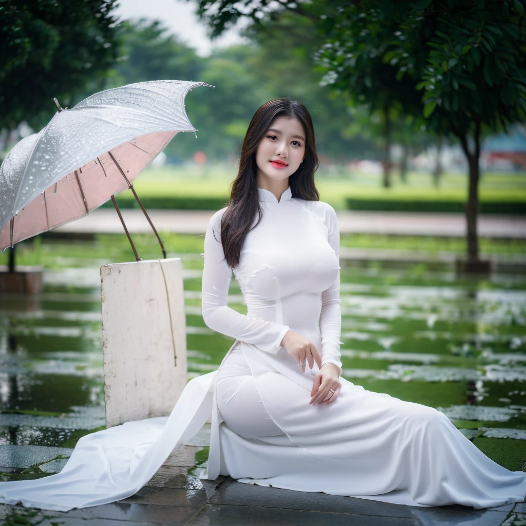 ((Ao Dai with bra inside, big breasts, beautiful breasts, sitting in the rain, 8k quality photo with good details))