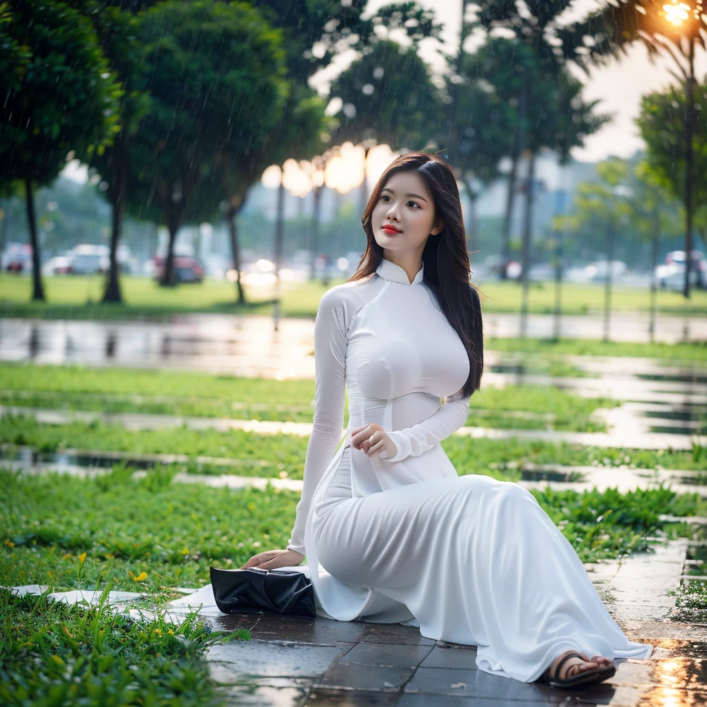 ((Ao Dai with bra inside, big breasts, beautiful breasts, sitting in the rain, 8k quality photo with good details))