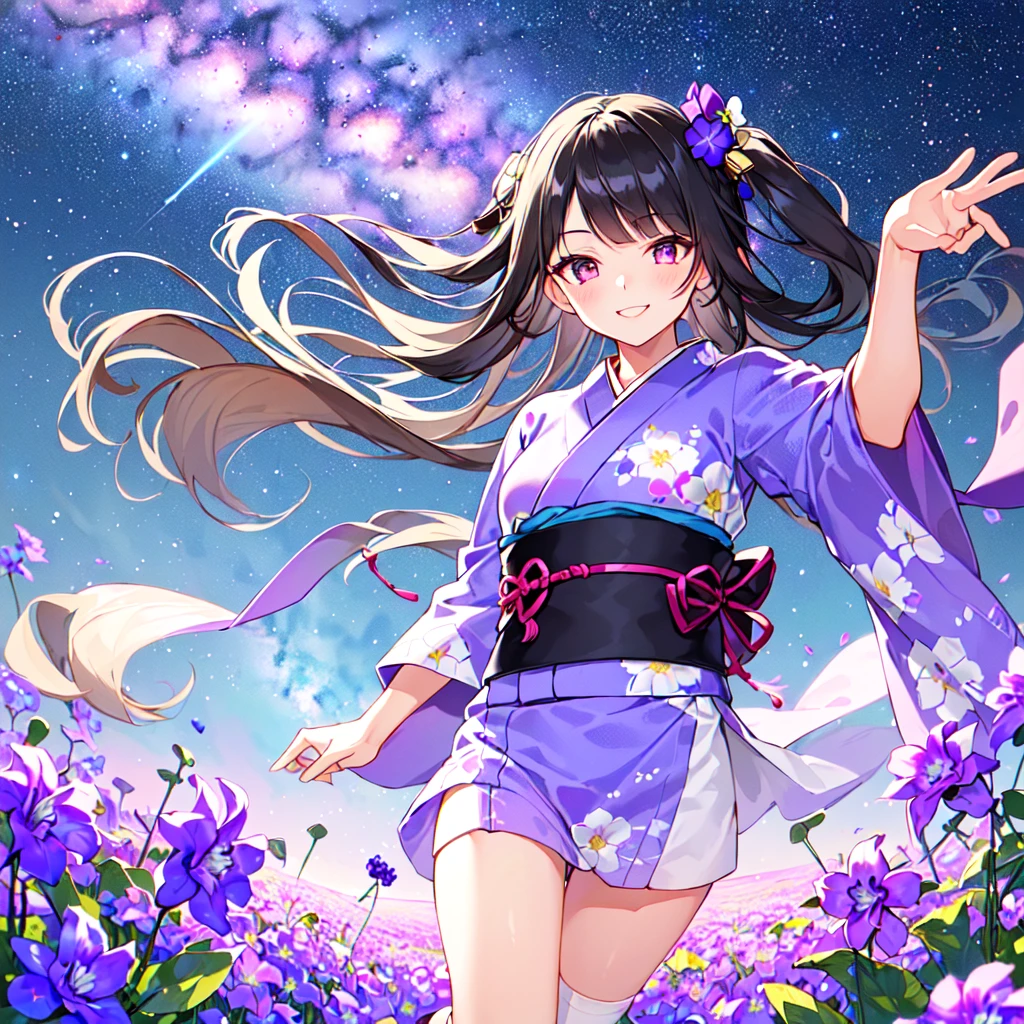 masterpiece, best quality, high quality, extremely detailed, very delicate and beautiful, (1 female 18 years old solo:1.5), (long black hair up to waist with two side up:1.5), bangs to eyebrows, eyes (eyes sharp, strong and glossy, eyebrows glossy, (eye color magenta: 1.3), 6.5 head height, (yukata bellflower flower print fashion: 1.3), bellflower hair ornament, knee socks, ruffles, lace, (smiling), (running), (dynamic pose), (background bellflower colorful flower field:1.3), (Milky Way Night Sky:1.3)