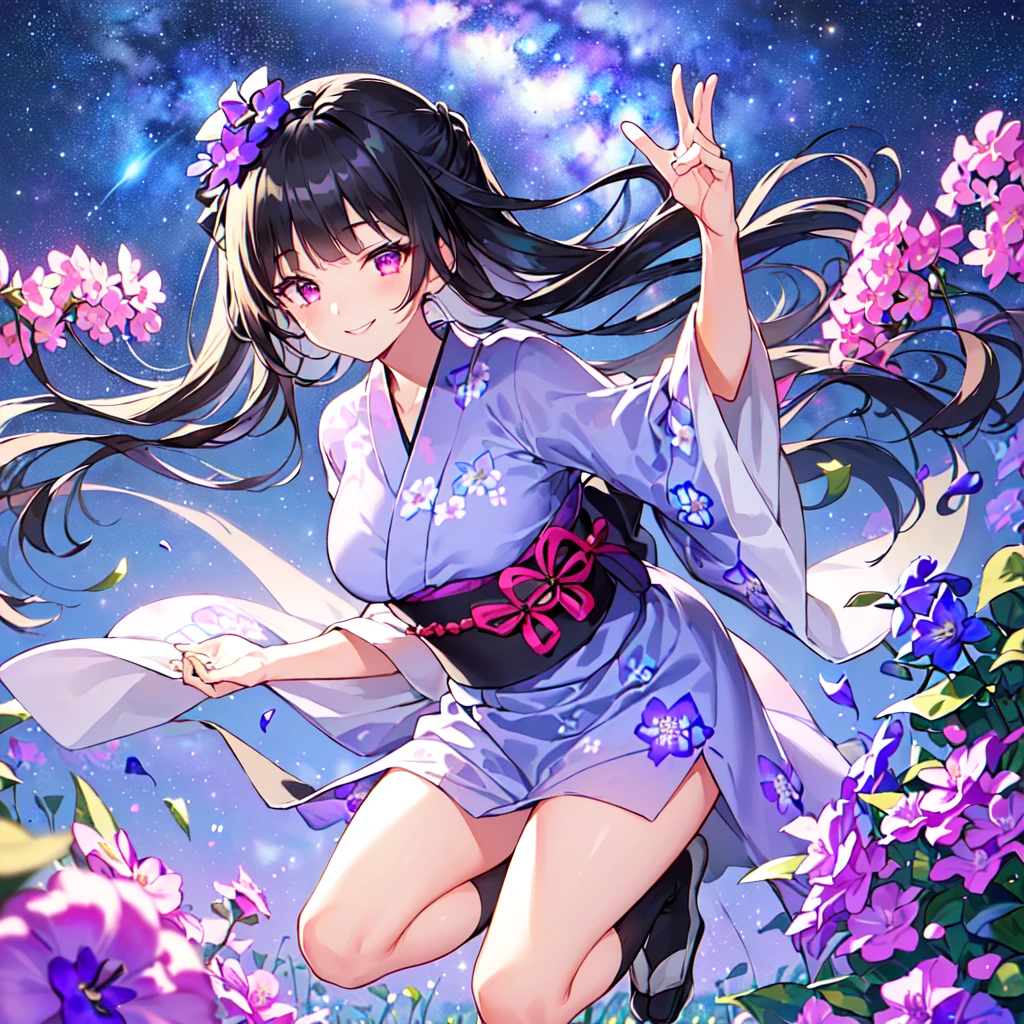 masterpiece, best quality, high quality, extremely detailed, very delicate and beautiful, (1 female 18 years old solo:1.5), (long black hair up to waist with two side up:1.5), bangs to eyebrows, eyes (eyes sharp, strong and glossy, eyebrows glossy, (eye color magenta: 1.3), 6.5 head height, (yukata bellflower flower print fashion: 1.3), bellflower hair ornament, knee socks, ruffles, lace, (smiling), (running), (dynamic pose), (background bellflower colorful flower field:1.3), (Milky Way Night Sky:1.3)