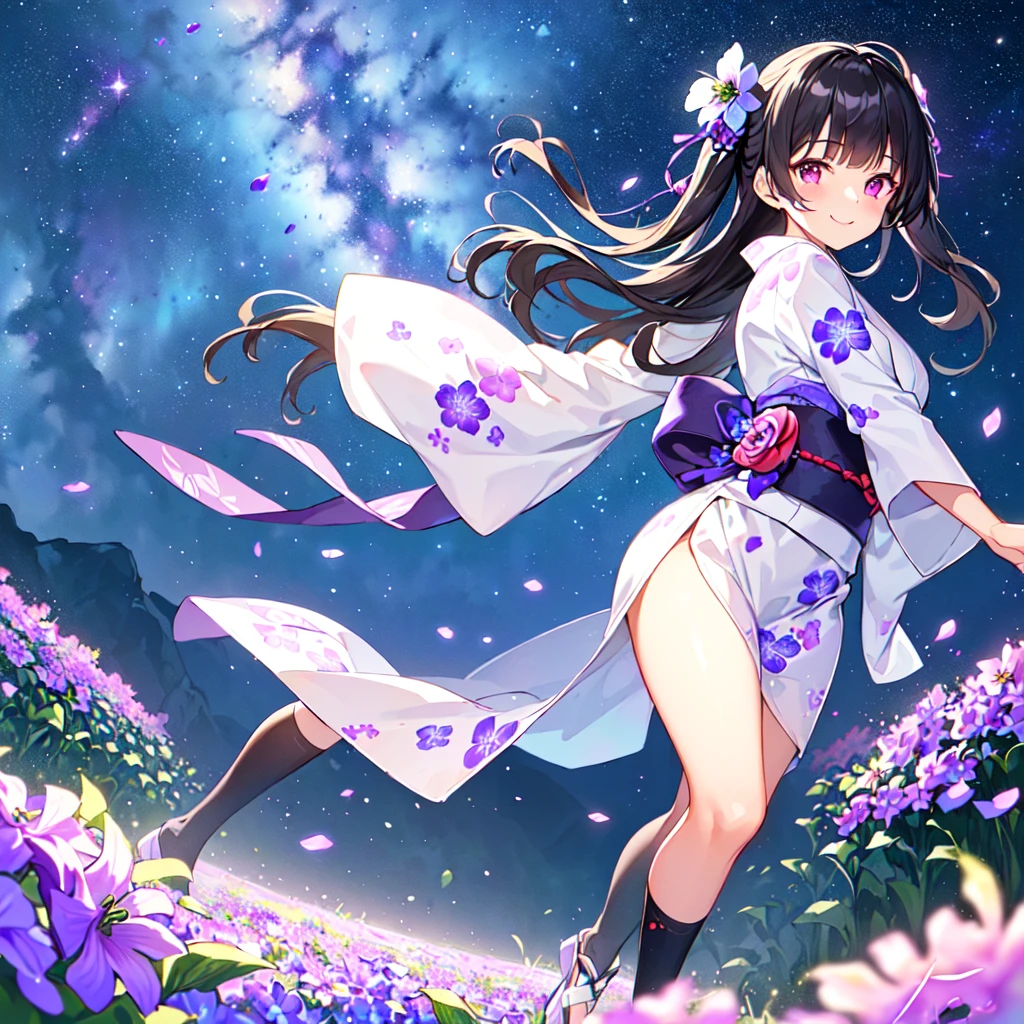 masterpiece, best quality, high quality, extremely detailed, very delicate and beautiful, (1 female 18 years old solo:1.5), (long black hair up to waist with two side up:1.5), bangs to eyebrows, eyes (eyes sharp, strong and glossy, eyebrows glossy, (eye color magenta: 1.3), 6.5 head height, (yukata bellflower flower print fashion: 1.3), bellflower hair ornament, knee socks, ruffles, lace, (smiling), (running), (dynamic pose), (background bellflower colorful flower field:1.3), (Milky Way Night Sky:1.3)