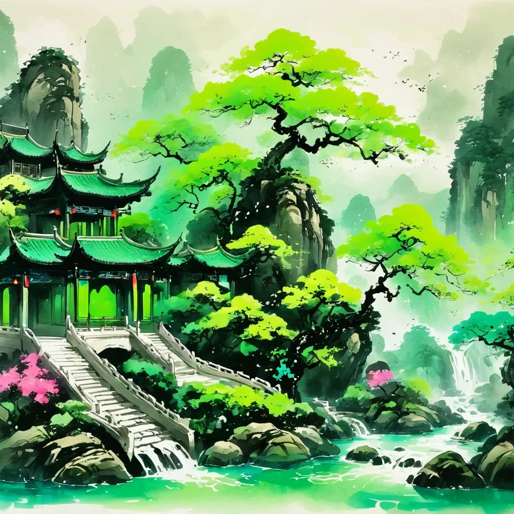 Chinese ink painting style，Zygarde comes in black and neon green