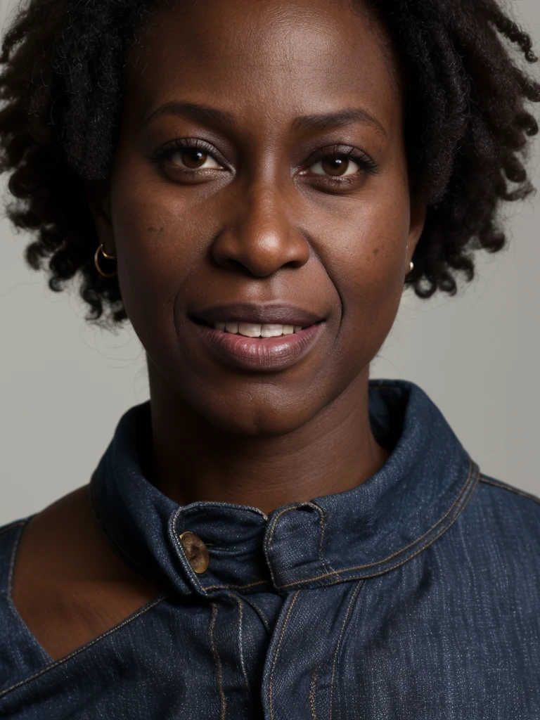 1 Mature woman, photorealistic, fisheye lens, unretouched, ((Ebony complexion)), ((Upper body selfie, Happy)), ((darkest complexion: 1.5)), (black African-very dark skin), (((cranky hair))), (ugly face: 1.4), (((slender body wearing blouse and jeans))), ((45 years old)), fixed brown eyes, BREAK, clear background, high quality, happy expression,(((close up shot)))
