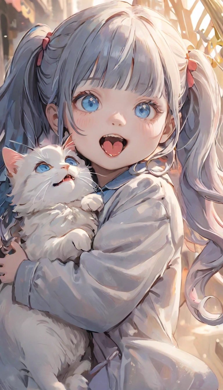 Highest quality、masterpiece、One Girl、12 years old、White skin、Wicked Smile:0.8、Open your mouth、(Sticking out tongue)、Pink Hair。Twin tails、Hair Clip、big hair clip、Cute Hair Clips、Gray eyes、Little red cheeks and nose、BREAK、A very detailed drawing of a calico cat、Insane Details、Highly detailed cat、Blue Eyed Cat、A calico cat strolling around as if it owns the place、Calico cat walking on the promenade、BREAK、Happy, Warm and soft lighting, sunset, (spark:0.7)