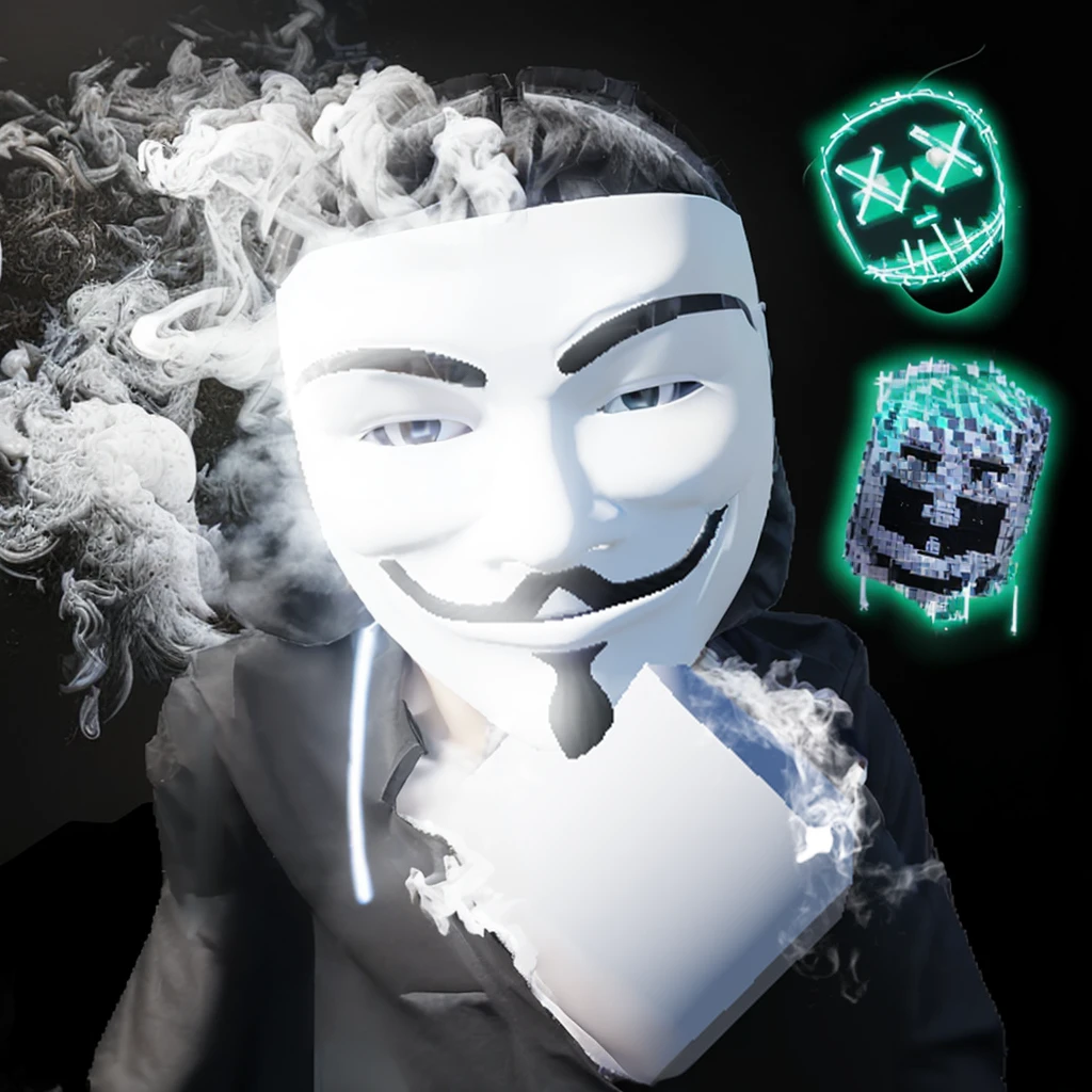 This is a picture of a roblox gfx hacker wearing a black shirt and taking off his hacker mask, looking very cool, surrounded by smoke. Black background, everything becomes super cool.