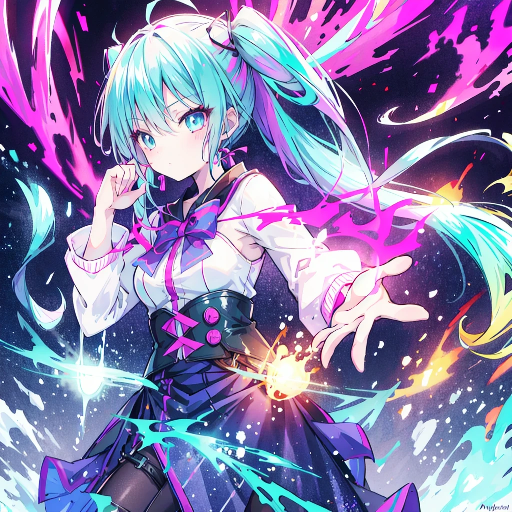 masterpiece, best quality:1.2),anime style:1.8, 1girl, solo, Ultra-detailed, best quality,High saturation, gradient, colorful,magic, vivid colors ,perfect face,Bangs, twin tails 