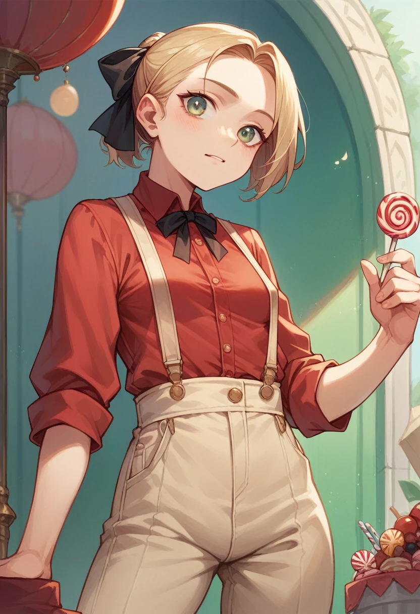 Highest quality, candy, masterpiece, One girl, alone, Small breasts, Cowboy Shot, suspenders, Red Shirt, Black Ribbon