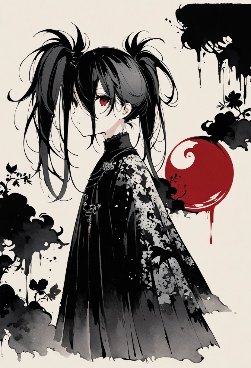 a girl with long twin pigtails, gothic aesthetic, minimalist, linear style, negative space, ink painting, abstract