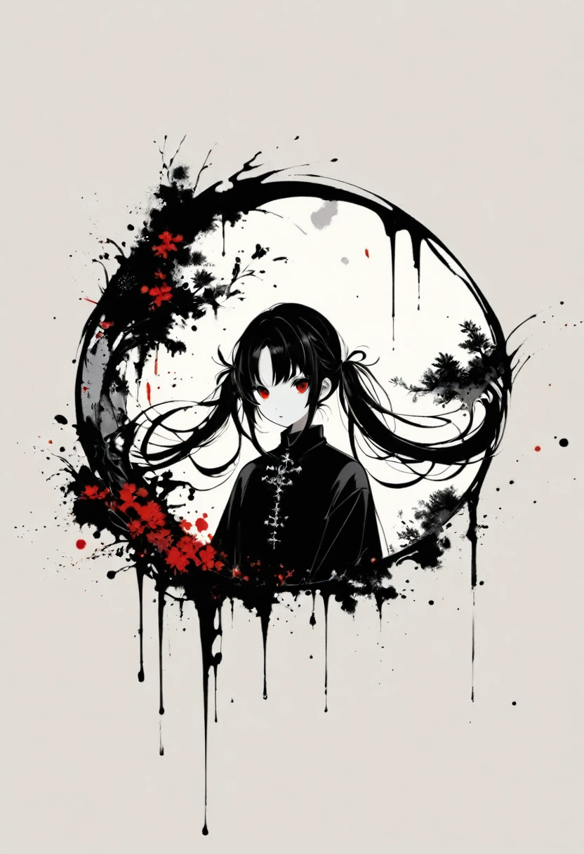 a girl with long twin pigtails, gothic aesthetic, minimalist, linear style, negative space, ink painting, abstract