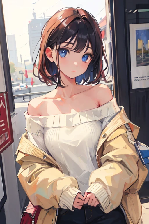 ((best quality)), ((masterpiece)), (detailed), 1girl, off-shoulder sweater, 