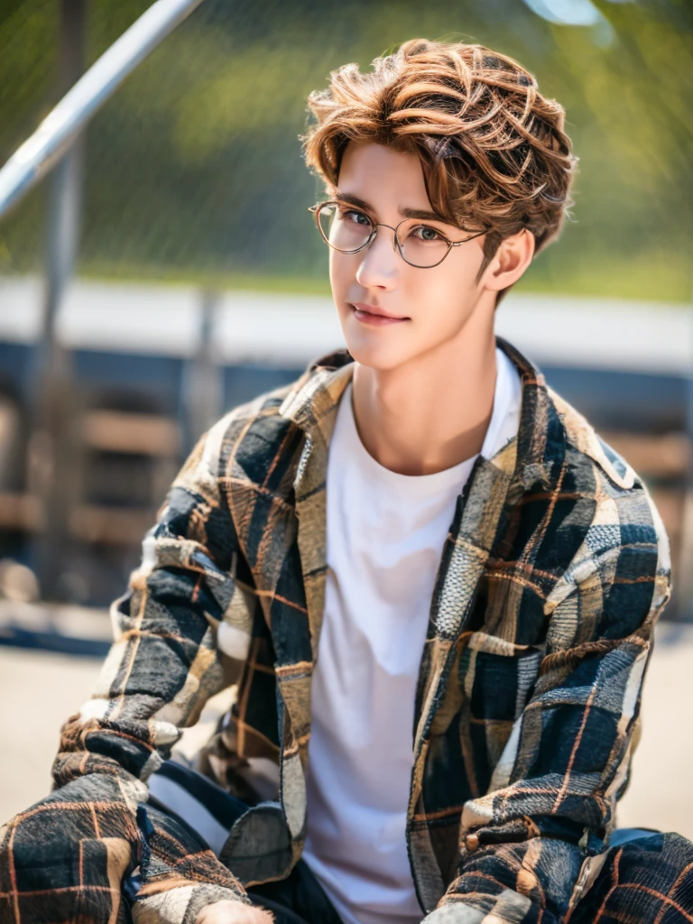 1 teenage boy, detailed eyes, curly brown hair, pale smooth skin, sitting outdoors, black skinny jeans, plaid shirt outerwear, t-shirt, looks like model, (best quality,4k,8k,highres,masterpiece:1.2),ultra-detailed,(realistic,photorealistic,photo-realistic:1.37),hyperrealistic, cinematic lighting, professional photography, natural setting, warm color tones, pale skin ultra realistic soft smooth skin, soft smile, wearing glasses, skater boy vibe, sitting at skatepark, handsome man, very handsome face, white boy with handsome face, hair to shoulder