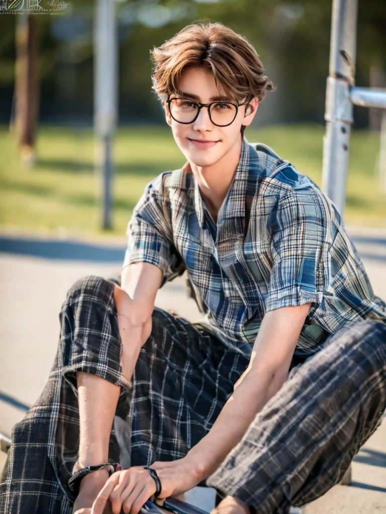1 teenage boy, detailed eyes, curly brown hair, pale smooth skin, sitting outdoors, black skinny jeans, plaid shirt outerwear, t-shirt, looks like model, (best quality,4k,8k,highres,masterpiece:1.2),ultra-detailed,(realistic,photorealistic,photo-realistic:1.37),hyperrealistic, cinematic lighting, professional photography, natural setting, warm color tones, pale skin ultra realistic soft smooth skin, soft smile, wearing glasses, skater boy vibe, sitting at skatepark, handsome man, very handsome face, white boy with handsome face, hair to shoulder