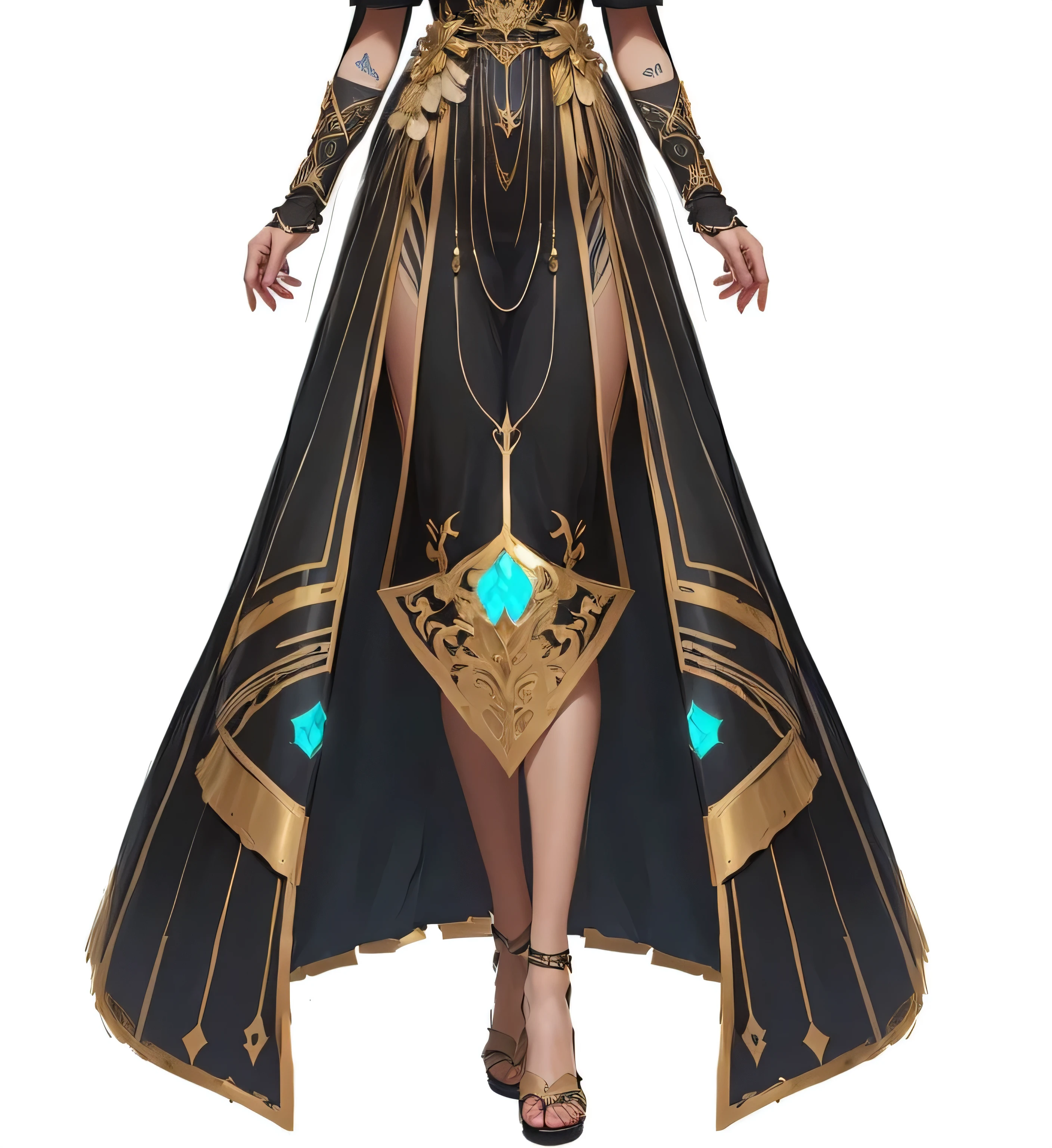 a drawing of a woman in a black dress with a blue and gold design, outfit design, dark sorceress fullbody pose, full body details, cloak. extremely high details, detailed full body concept, black cloak from neck to ankles, ornate flowing robes, full body concept, astral witch clothes, new costume concept design, mage robe based on a toucan，Rich in details，Masterpiece，Clean shaping，Anime style