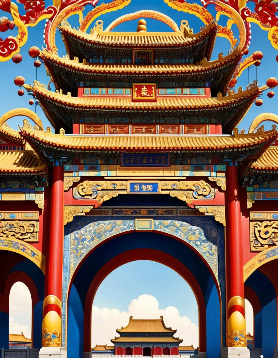 (Close-up of the giant flying buttresses), Arch close-up, symmetry, Elevation, Chinese Palace, Aesthetics of Chinese Ancient Architecture, Kaneko, Red, Yellow, blue, White, Black, Psychedelic Surrealism, Woodcarving, background: The Forbidden City, China, Blue sky