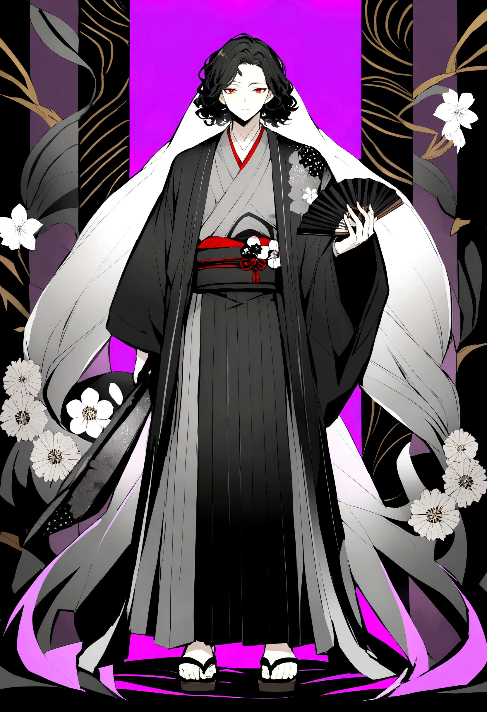 Male anime character Height 1.9 mts, black curly hair reaching the shoulders, Traditional gray kimono from Japan with black and white flowers, traditional sandals, red eyes with purple glow and a black fan in the right hand