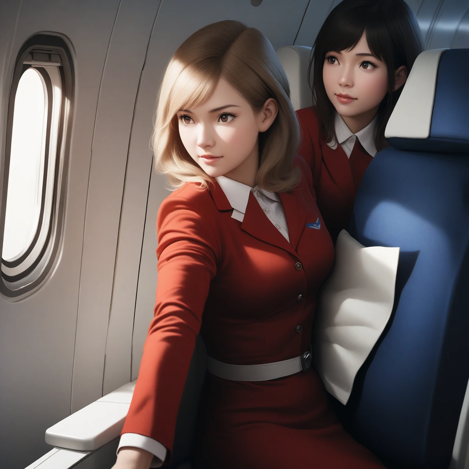 pretty young women, wearing air hostess outfit, on plane, realistic anime illustration