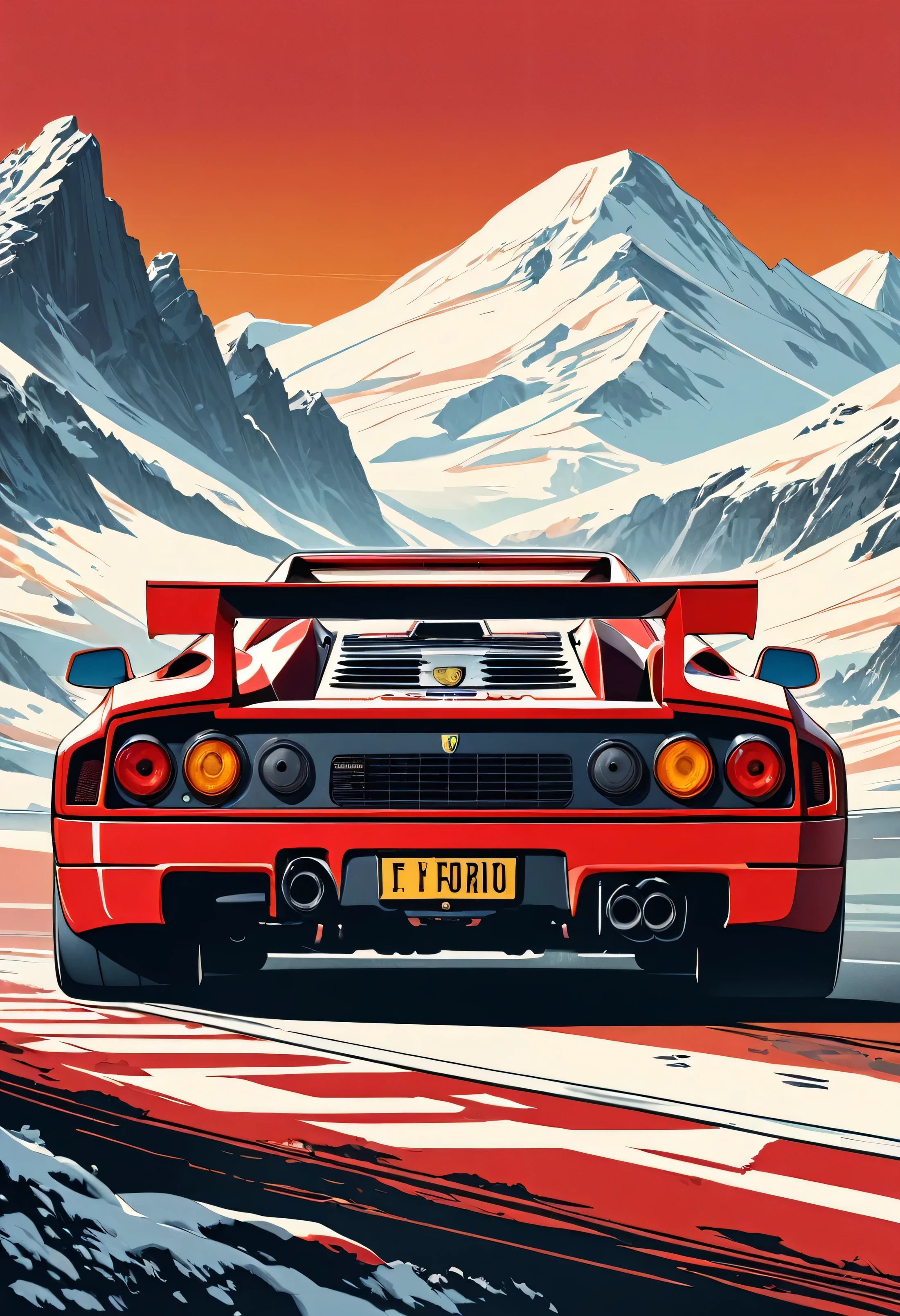 Magnifique Ferrari F40, rouge, vue arrière, stylized digital illustration, very detailed digital illustration, Retro style art, detailed vector art, retro illustration, realistic, arrière plan montagne enneigée