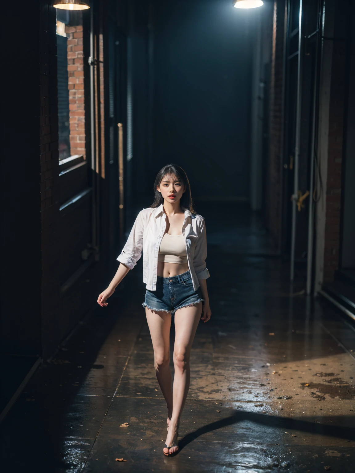 1girl, woman, masterpiece, best quality, highest quality, cinematic lighting, (volumetric lighting), extremely detailed CG unity 8k wallpaper, focused, 8k wallpaper, extremely detailed, ultra realistic, photorealistic, sharp focus, absurdres, (HDR:1.2), (high contrast), photograph, detailed and intricate, instagram, portrait, highly detailed, digital painting, artstation, concept art, smooth, sharp focus, illustration, cinematic lighting, (big breast:1.2), (whole body:1.2), white collar shirt, open shirt, open the button, show thigh, short pants, (full body:1.5), looking at the viewer, seductive pose