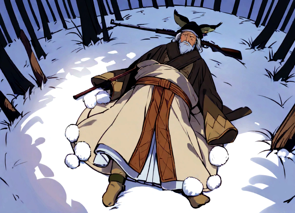 An old hunter wearing a coat made of animal fur in the snowy forests of ancient Japan１People standing,elder,((Matagi)),Old-fashioned clothing,Bird&#39;s-eye view,Overhead looking down angle,男のelder,Hunting rifle,coir,Top-down composition,
Follow the footprints through the snow in the tracks of a hunter.
