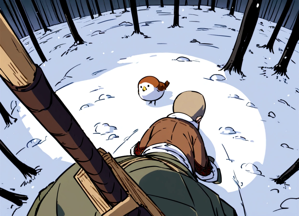 An old hunter wearing a coat made of animal fur in the snowy forests of ancient Japan1People standing,elder,((Matagi)),Old-fashioned clothing,Bird's-eye view,Overhead looking down angle,男のelder,Hunting rifle,coir,Top-down composition,
Follow the footprints through the snow in the tracks of a hunter.