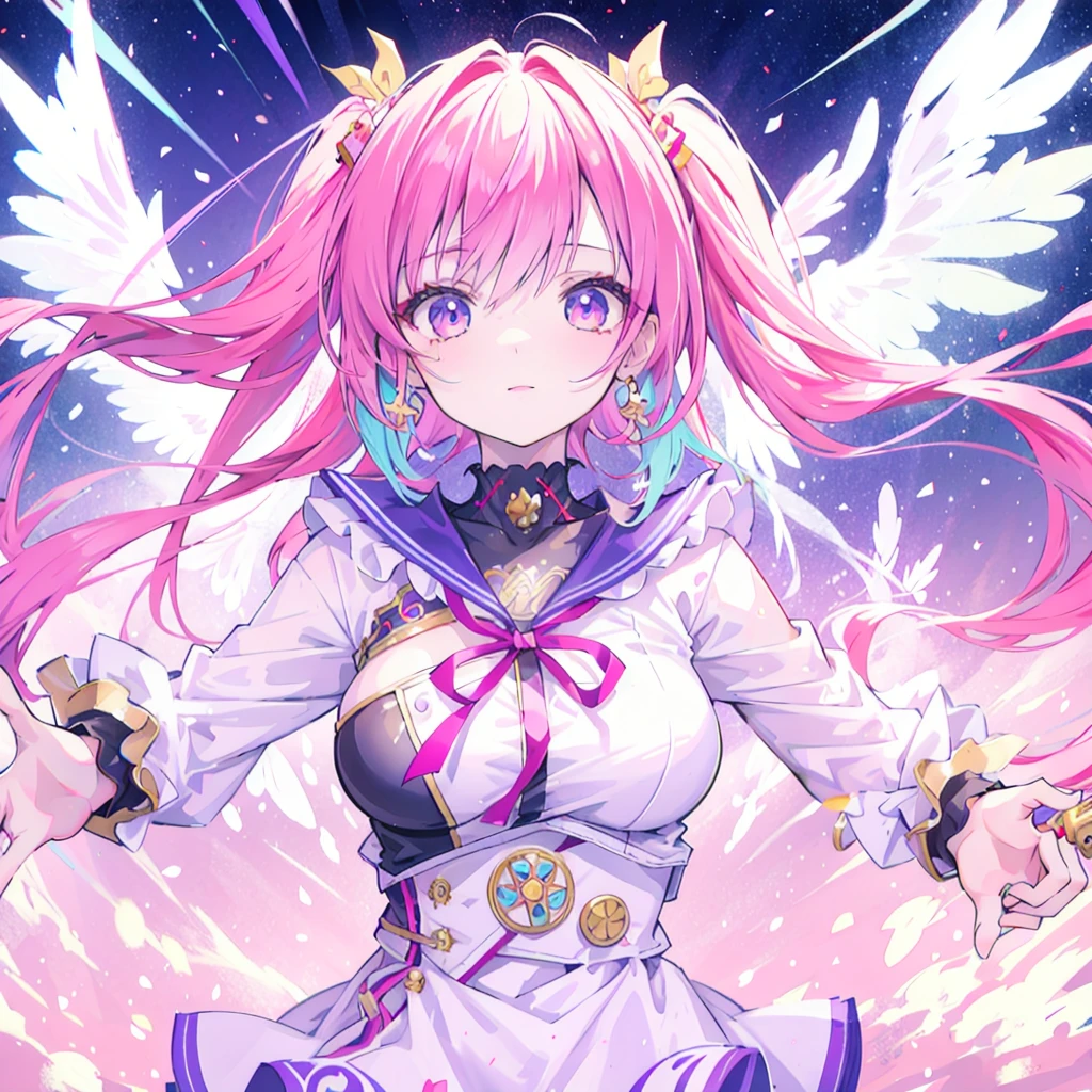 masterpiece, best quality:1.2),anime style:1.8, 1girl, solo, Ultra-detailed, best quality,High saturation, gradient, colorful,magic, vivid colors ,perfect face,Bangs, twin tails 