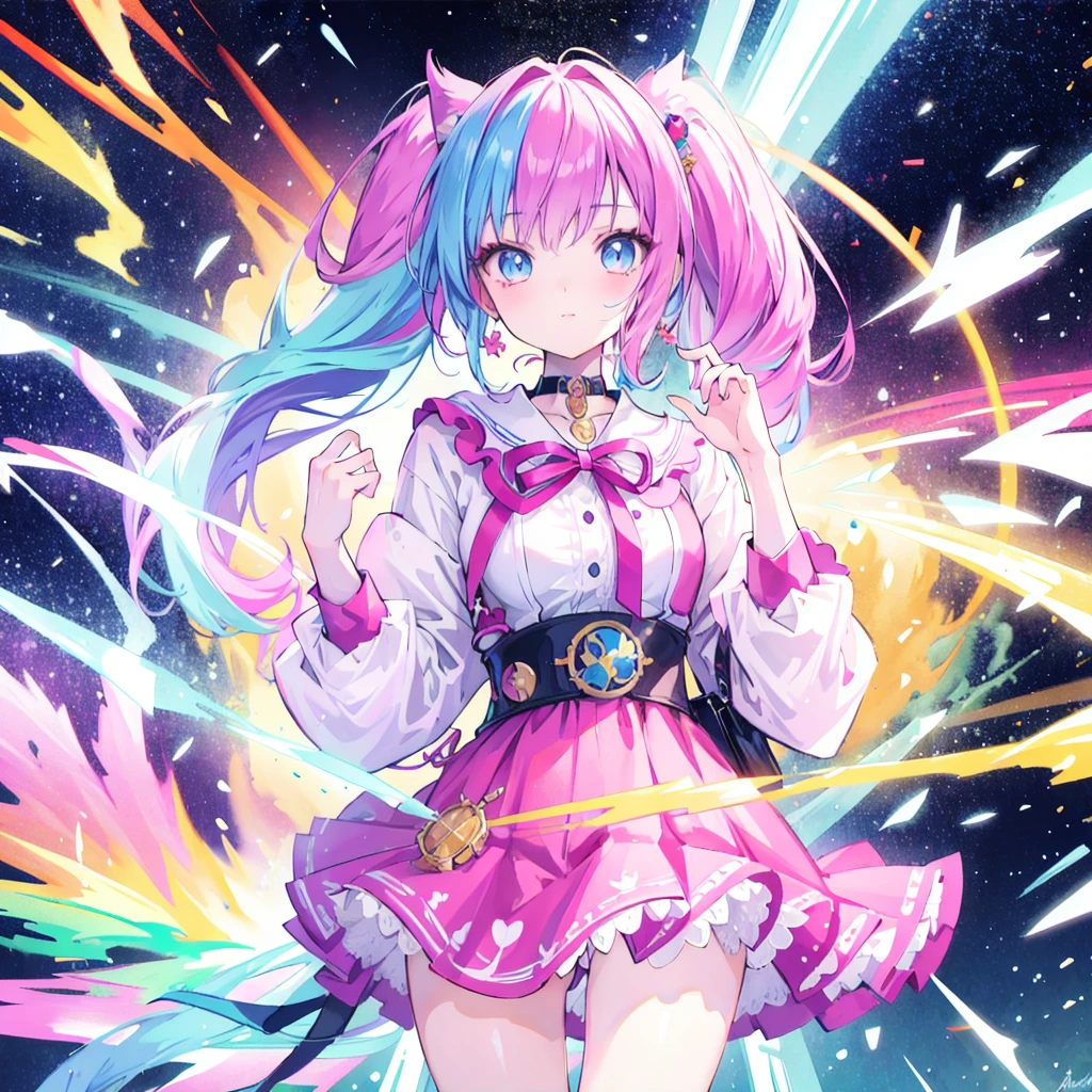 masterpiece, best quality:1.2),anime style:1.8, 1girl, solo, Ultra-detailed, best quality,High saturation, gradient, colorful,magic, vivid colors ,perfect face,Bangs, twin tails 