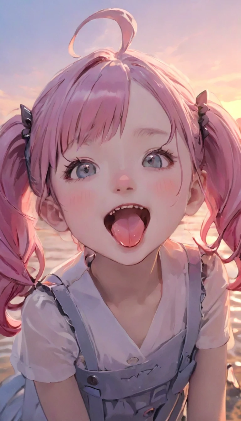 Highest quality、masterpiece、One Girl、12 years old、White skin、Wicked Smile:0.8、Open your mouth、(Sticking out tongue)、Pink Hair。Twin tails、Hair Clip、big hair clip、Cute Hair Clips、Gray eyes、Little red cheeks and nose、BREAK、Happy, Warm and soft lighting, sunset, (spark:0.7)