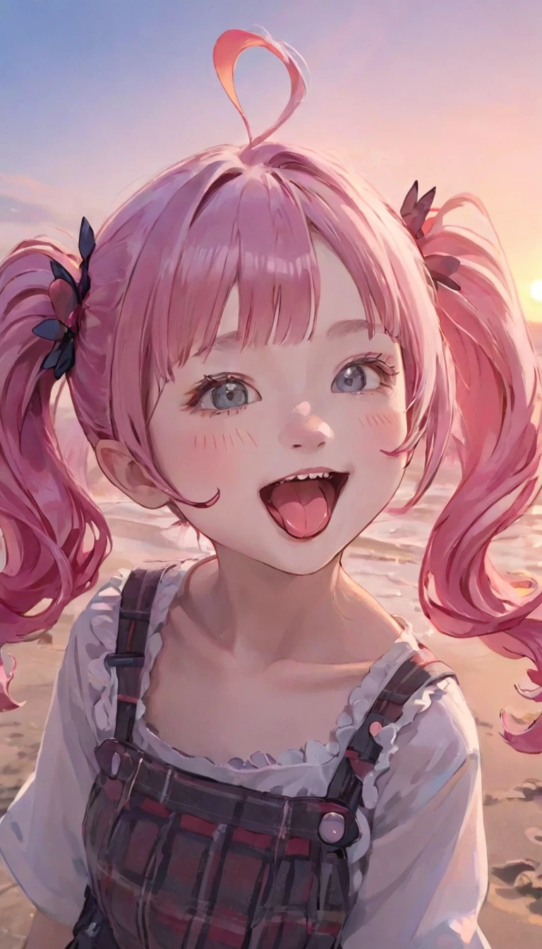 Highest quality、masterpiece、One Girl、12 years old、White skin、Wicked Smile:0.8、Open your mouth、(Sticking out tongue)、Pink Hair。Twin tails、Hair Clip、big hair clip、Cute Hair Clips、Gray eyes、Little red cheeks and nose、BREAK、Happy, Warm and soft lighting, sunset, (spark:0.7)