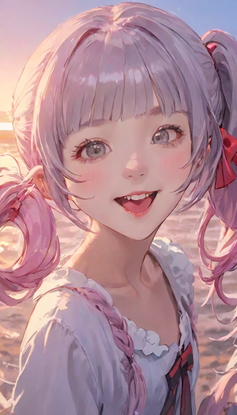 Highest quality、masterpiece、One Girl、12 years old、White skin、Wicked Smile:0.8、Open your mouth、(Sticking out tongue)、Pink Hair。Twin tails、Hair Clip、big hair clip、Cute Hair Clips、Gray eyes、Little red cheeks and nose、BREAK、Happy, Warm and soft lighting, sunset, (spark:0.7)