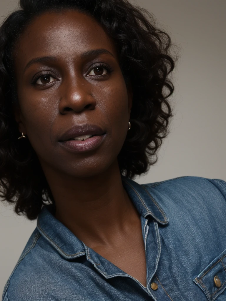1 Mature woman, photorealistic, unretouched, ((Ebony complexion)), ((Upper body selfie, Happy)), ((darkest complexion: 1.5)), (black African-very dark skin), (((cranky hair))), (ugly face: 1.4), (((slender body wearing blouse and jeans))), ((45 years old)), fixed brown eyes, BREAK, clear background, high quality, happy expression,(((close up shot)))