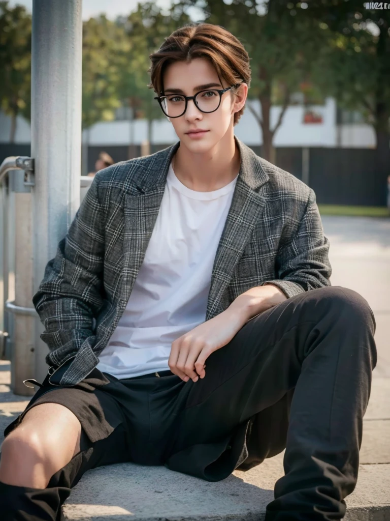 1 age boy, detailed eyes, curly brown hair, pale smooth skin, sitting outdoors, black skinny jeans, plaid shirt outerwear, t-shirt, looks like model, (best quality,4k,8k,highres,masterpiece:1.2),ultra-detailed,(realistic,photorealistic,photo-realistic:1.37),hyperrealistic, cinematic lighting, professional photography, natural setting, warm color tones, pale skin ultra realistic soft smooth skin, soft smile, wearing glasses, skater boy vibe, sitting at skatepark, handsome man, very handsome face, white boy with handsome face, hair to shoulder