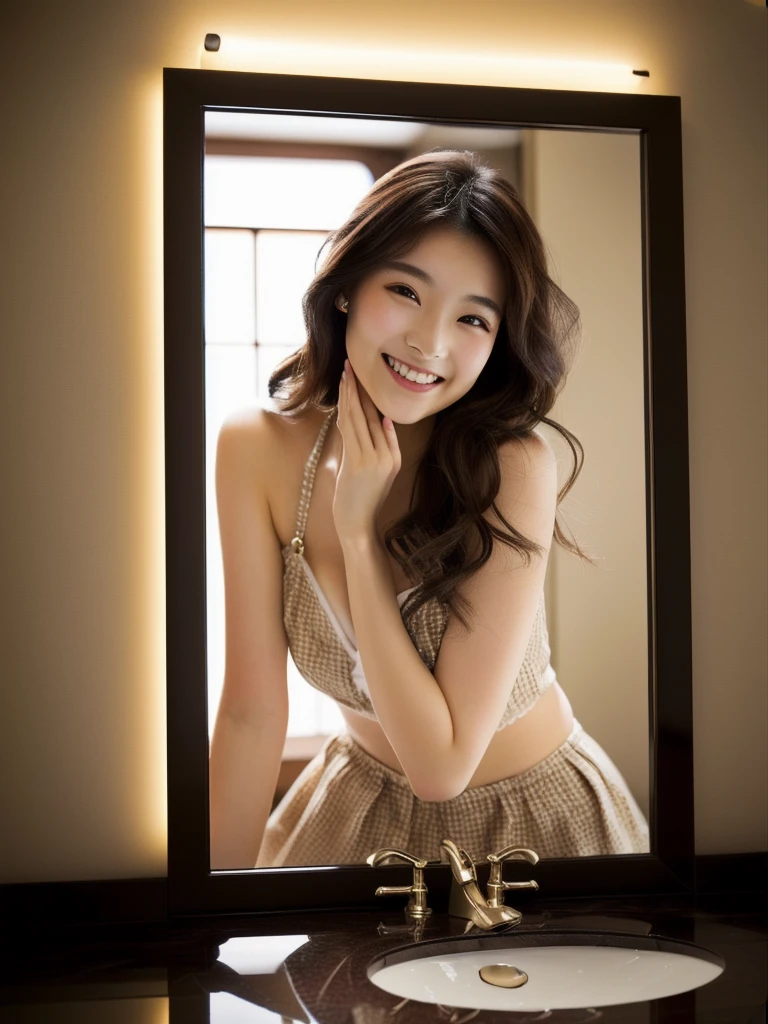 21-year-old Japan woman、high resolution、High resolution、Realistic、Realistic skin texture、Beautiful face、Fashion Model、Charm、Smiling Quietly、Powder Room