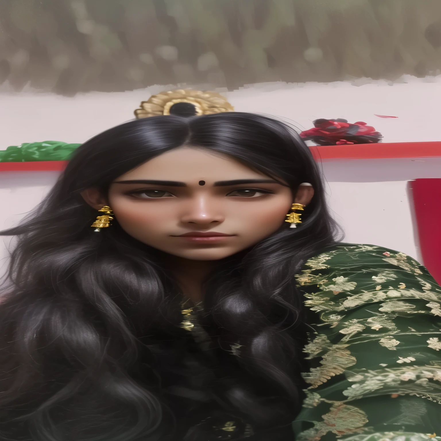 a close up of a woman with long black hair wearing a green dress, very beautiful girl, indian, with accurate face, around 1 9 years old, indian girl with brown skin, traditional beauty, face picture, profile pic, beuatiful face, very very very beautifull face, beutiful face, portait photo profile picture, with lovely look, vastayan