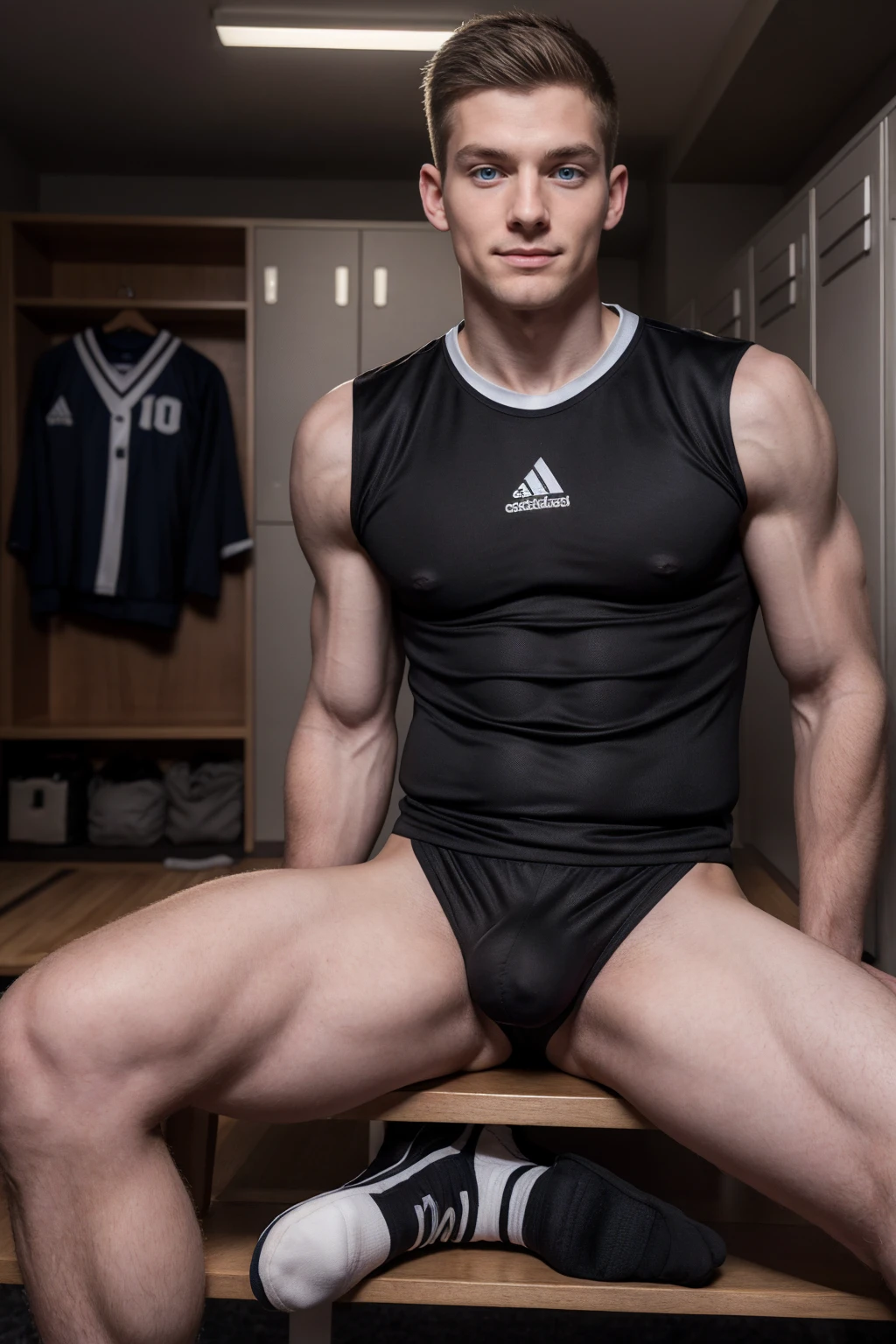 1boy, (Blue Eyes), happy smile,caucasian boy,18 years old,young, slim body, slender, skinny body build, child-like, twink,in an American football locker room, (sitting on a bench), legs spread open, muscular LoganRobbins, American football player wearing American football uniform, American football shoulder pads, (((black jersey))), jersey number 23, ((silver football pants and pads)), (black socks), (sneakers), slight smile, masterpiece, (((full body portrait))), full body shot ,pale skin, pink nipples, skinny, good lighting, very pale skin, light skin, model with attractive body,,big bulge and big butts,(Best quality, 8k, Masterpiece). High Detail , , superior quality, natural lighting, beautiful, sexy, correct anatomy, good composition,realistic shapes, realistic skin tones,Natural eyes,realistic eyes,looking up at viewer,vpl,realistic muscles,Realistic wrinkles on the skin,Realistic arms and legs,Realistic face,realistic hair,Make a sexy and seductive face,, Clear Focus: 1.2, Perfect Body virile: 1.4 , Slender Abs: 1.2, Highly detailed face and skin texture, detailed eyes, double eyelids, big upper lip, man focus,amazing composition, front view, HDR, volumetric lighting, ultra quality, elegant,Post a erotic photoshoot,Realistic pose,detailed hair,full body,Fujifilm XT3 photorealistic art by midjourney