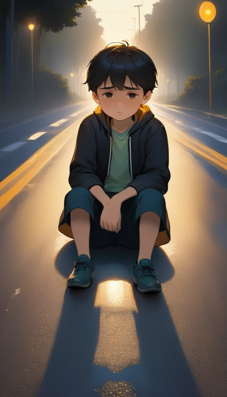 a boy sad and seat in road said