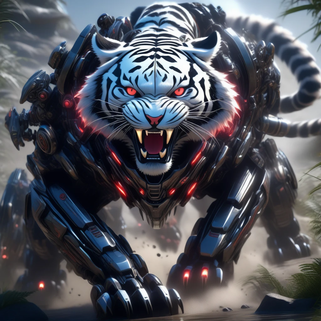 ((Masterpiece)), ((Best Quality)), (Very Detailed), ((Very Detailed)), 4K, (8K), very aesthetic, absurdres highres, A highly detailed and realistic illustration of a wolf wearing advanced red and silver mechanical armor. The armor should have intricate details, with visible joints, wires, and panels, giving a futuristic and robotic appearance. The wolf should have a majestic and fierce expression, with sharp, intense eyes. The fur should be a vibrant red with white highlights, seamlessly integrated with the armor. The mechanical armor should feature various shades of red with metallic silver accents, showing signs of wear and battle damage for added realism. The armor plates should have a glossy finish with subtle reflections and highlights. The wolf's posture should be strong and imposing, standing on all fours, ready to run, with its head held high. The wolf should display a natural and realistic movement, as if it understands the physiology and behavior of real wolves. The background should be plain and unobtrusive, possibly a simple gradient or solid color, to ensure all focus is on the character.