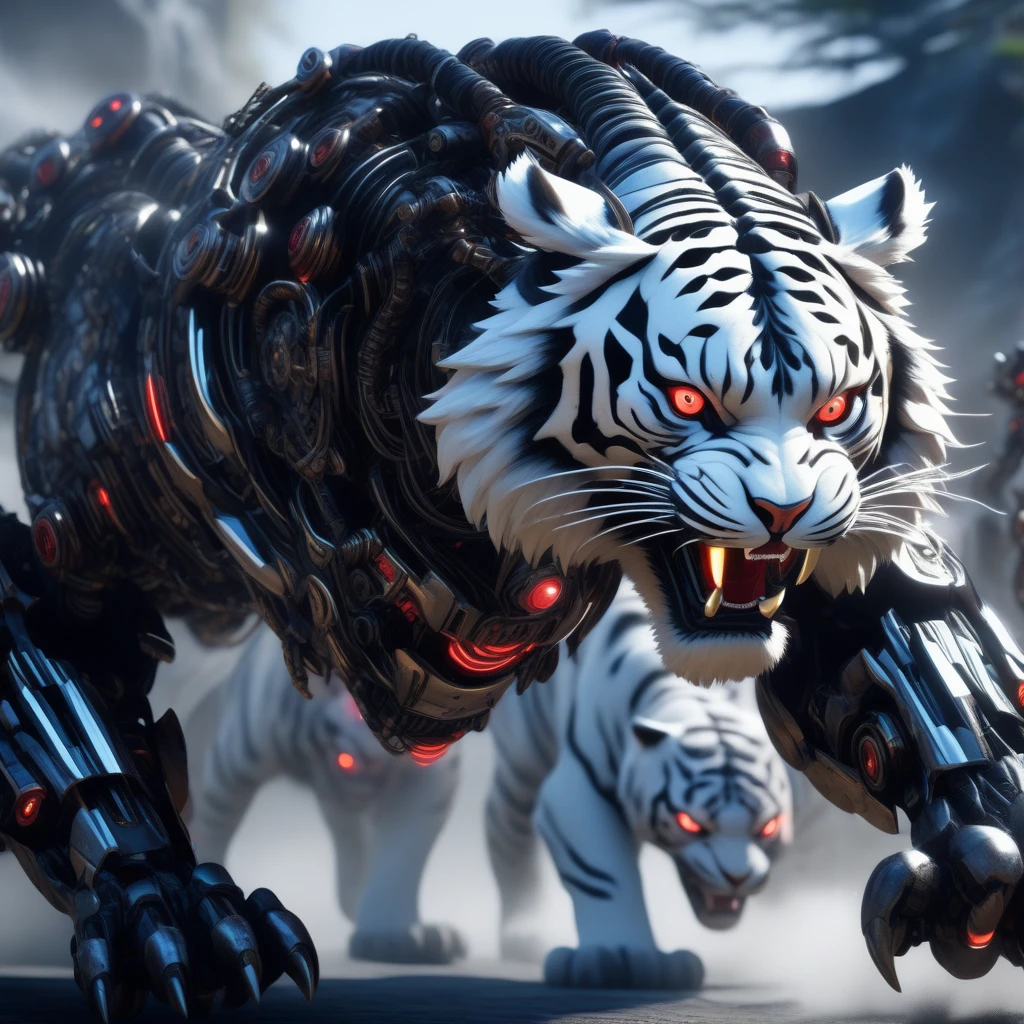 ((Masterpiece)), ((Best Quality)), (Very Detailed), ((Very Detailed)), 4K, (8K), very aesthetic, absurdres highres, A highly detailed and realistic illustration of a wolf wearing advanced red and silver mechanical armor. The armor should have intricate details, with visible joints, wires, and panels, giving a futuristic and robotic appearance. The wolf should have a majestic and fierce expression, with sharp, intense eyes. The fur should be a vibrant red with white highlights, seamlessly integrated with the armor. The mechanical armor should feature various shades of red with metallic silver accents, showing signs of wear and battle damage for added realism. The armor plates should have a glossy finish with subtle reflections and highlights. The wolf's posture should be strong and imposing, standing on all fours, ready to run, with its head held high. The wolf should display a natural and realistic movement, as if it understands the physiology and behavior of real wolves. The background should be plain and unobtrusive, possibly a simple gradient or solid color, to ensure all focus is on the character.