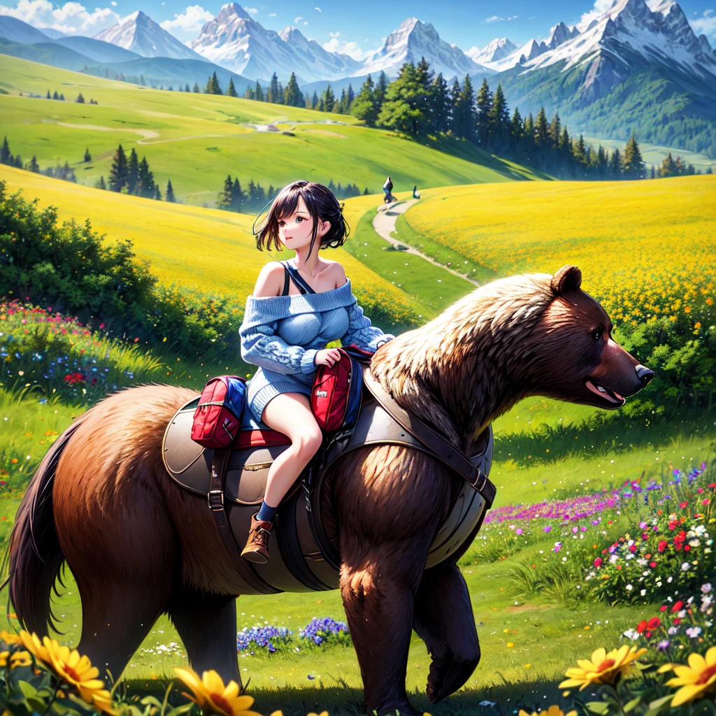 ((best quality)), ((masterpiece)), (detailed), 1girl, off-shoulder sweater, a big riding bear in heavy armor and a saddle loaded with hiking bags walks through a flower meadow over which butterflies flutter against the backdrop of high mountains,